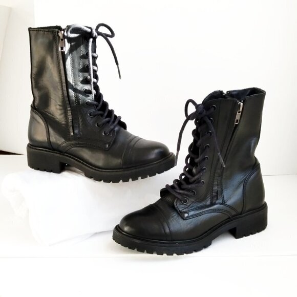 Black Leather Double Sided Zips/ Lace Up Combat Boots with Lugged Soles Sz 6.5 - Picture 11 of 11